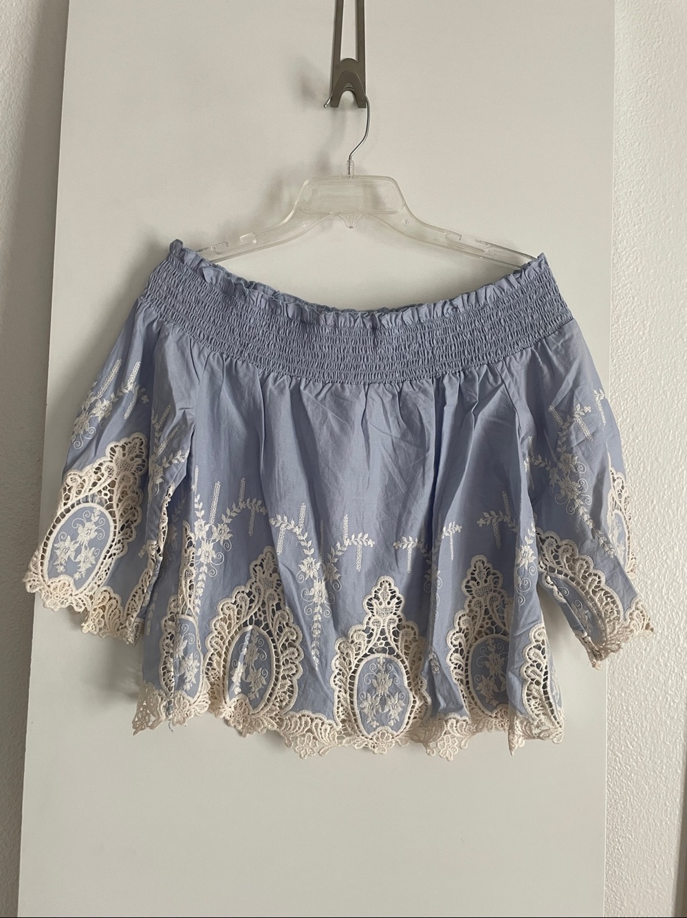 Bleuh Ciel- Pastel Blue Wide Neck Cropped Lace Trim Blouse Top NWOT